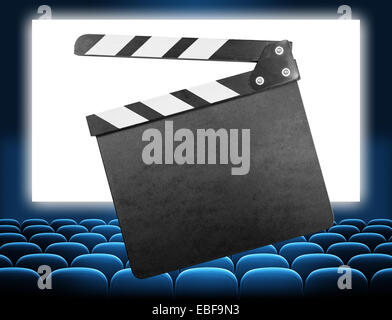 cinema clapper board on movie screen blue audience Stock Photo
