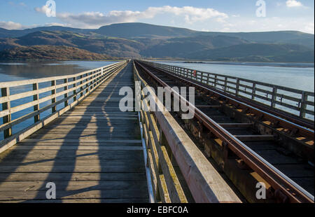 The rail and footbridge over the Mawddach estuary Barmouth Gwynedd North Wales Stock Photo