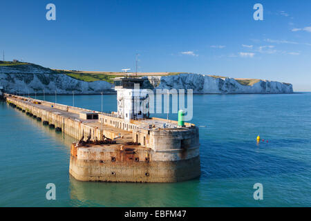 Dover,England-July 9,2013:White cliffs and Dover harbor along the coast of English channel Stock Photo