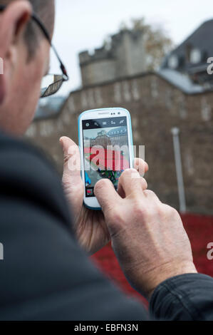 Man using a mobile phone to take a photograph of the poppies at the Tower of London, England, UK Stock Photo