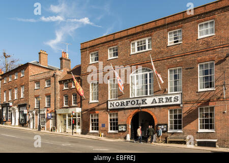 The Norfolk Arms on the east side of the main High Street in Arundel, West Sussex. Stock Photo