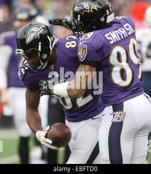 Baltimore, Maryland, USA. 30th November, 2014. Baltimore Ravens WR Torrey Smith (82) is congratulated by Baltimore Ravens WR Steve Smith, Sr. (89) after scoring a touchdown in the first quarter of a game against the San Diego Chargers at M&T Bank Stadium in Baltimore, MD on November 30, 2014. Photo: Mike Buscher/Cal Sport Media/Alamy Live News Stock Photo