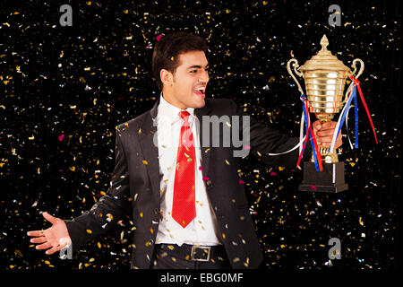 indian Business Man Victory  Trophy Award Stock Photo