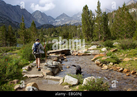 A woman with a dog hiking up Little Lakes Valley along Rock Creek in the Sierra Nevada mountains California USA Stock Photo