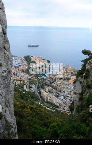 Principality of Monaco seen from between two limestone cliffs. Viewed from La Turbie in France. Stock Photo