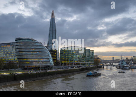 A long exposure shot of The Shard and City Hall at Night Stock Photo