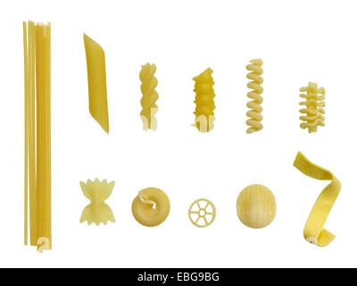 lots of different pasta types in white back Stock Photo