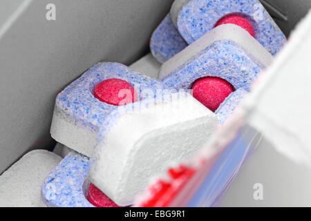 Dishwasher tablets close-up, background Stock Photo