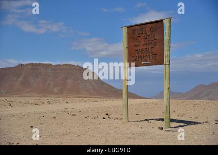 Sign 'House on the Hill - Marble Campsite', Orupembe, Kaokoland, Kunene, Namibia Stock Photo