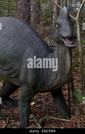 Corythosaurus,  lifelike and full-size dino statue at  Dinopark Amersfoort Zoo, The Netherlands (Cretaceous era) Stock Photo