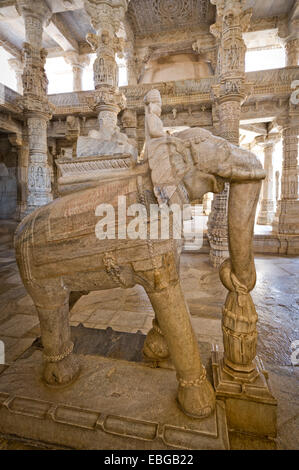 Sculpture, man riding an elephant, marble temple, temple of the Jain religion, Adinatha Temple, Ranakpur, Rajasthan, India Stock Photo