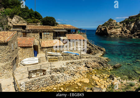 Beach with cafe at Cala Deia, Deia, Majorca, Balearic Islands, Spain Stock Photo