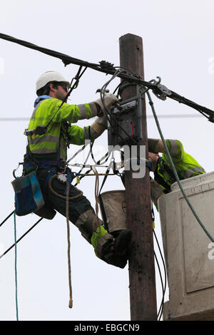 Two power supply workers replacing electric cables. Stock Photo