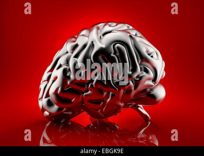 Metallic human brain rendered over red background Stock Photo