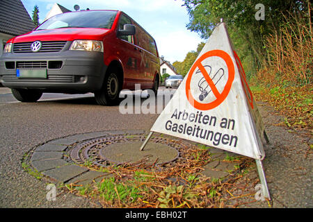 no smoking sign at workings on gas pipeline, Germany Stock Photo