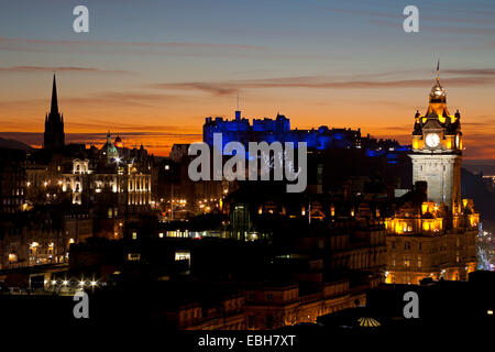 Edinburgh, Scotland, UK. November, 2014. Edinburgh Castle and the city viewed from Calton Hill at sunset. Stock Photo