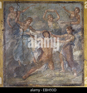 Roman fresco. Pentheus being torn by maenads. Northern wall of the triclinium in the House of Vettii. Pompeii. Italy. Stock Photo