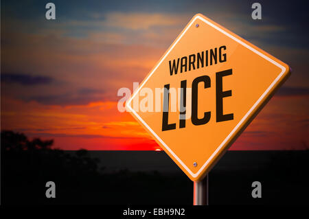 Lice on Warning Road Sign on Sunset Sky Background. Stock Photo