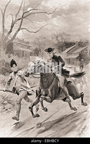 Paul Revere's midnight ride, April 18, 1775, to alert the Colonial militia to the approach of British forces. Stock Photo