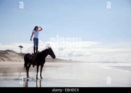 Horse rider standing on horse, Pakiri Beach, Auckland, New Zealand Stock Photo