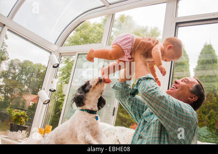 Grandfather holding up baby granddaughter in conservatory Stock Photo