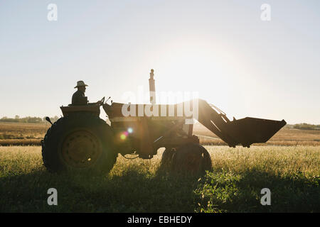 Silhouetted senior male farmer driving tractor in field, Plattsburg, Missouri, USA Stock Photo
