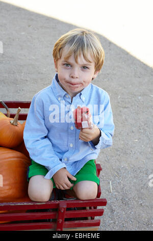 Portrait of smiling boy sitting in pumpkin cart eating iced lolly Stock Photo