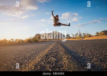 Man doing flying kick, Joshua Tree National Park, California, US Stock Photo