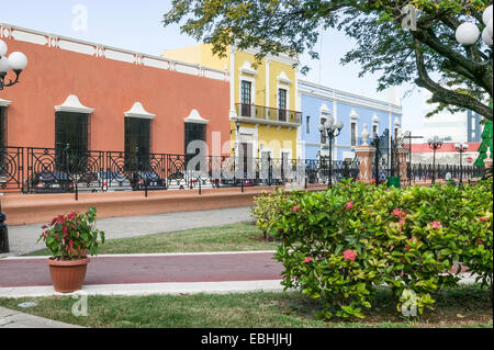 Renovated Spanish colonial architecture and ornate wrought iron fence in the city center or zoloco of Campeche, Mexico. Stock Photo