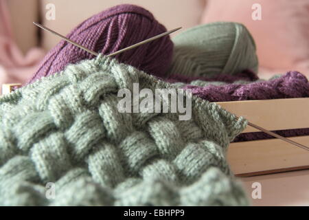 wool with needles in cage Stock Photo