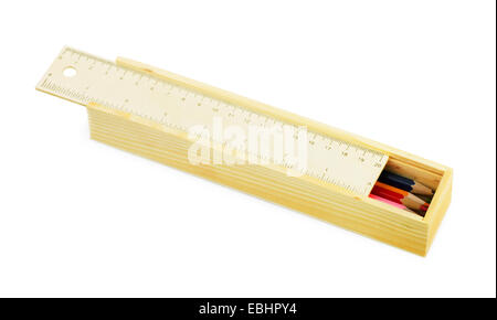 Wooden pencil case with colour pencils on a white background Stock Photo