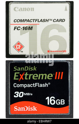 CF (Compact Flash) memory cards. 16 MB and 16 GB, showing the progress in storage technology. Stock Photo