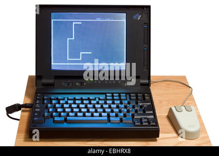 An IBM notebook from the early 1990s running the computer game Nibbles. Stock Photo