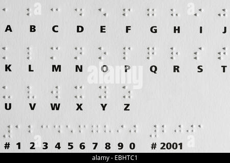 Shadows from raised dots on a card with the Braille alphabet. The system is widely used by blind people to read and write.
