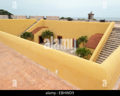 View of the interior of the Fort of San Miguel, Campeche, Mexico taken from the ramparts above the fort. Stock Photo