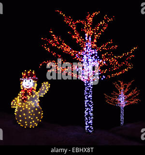 Illuminated trees and Snowman with blurred circular bokeh Stock Photo