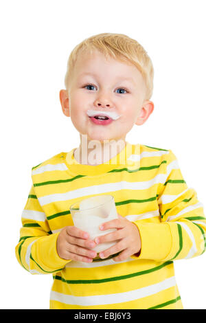 kid boy drinking milk or yogurt Stock Photo