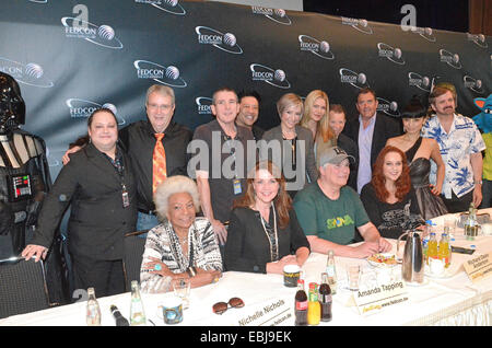 FedCon 23 at the Maritim Hotel Dusseldorf - Press Conference  Featuring: Nessi,Richard Arnold,David Gerrold,Garret Wang,Nana Visitor,Nichelle Nichols,Amanda Tapping,Richard Dean Anderson,Suanne Braun,Natasha Henstridge,Bai Ling,Max Grodénchik,Barry Jenner Stock Photo