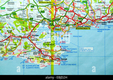 Road Map of Poole Poole Harbour and Bournemouth, England. Stock Photo