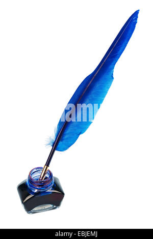 blue pen with an ink bottle on white background Stock Photo