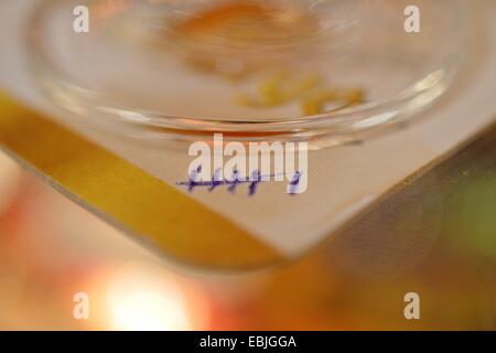 A beer coaster with marks for drunken beers in a bar, Germany, city of Osterode, 21. November 2014. Photo: Frank May Stock Photo