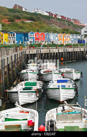 boats in front of lobster stalls on Heligoland, Germany, Schleswig-Holstein, Heligoland Stock Photo
