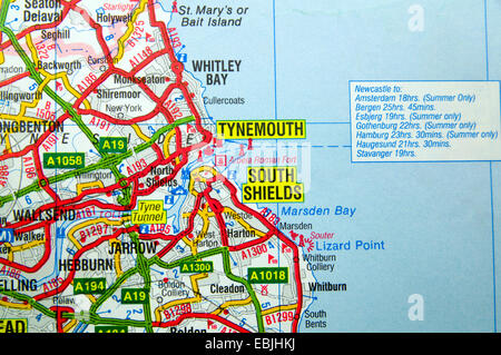 Road Map of Tynemouth and South Shields, North East England. Stock Photo