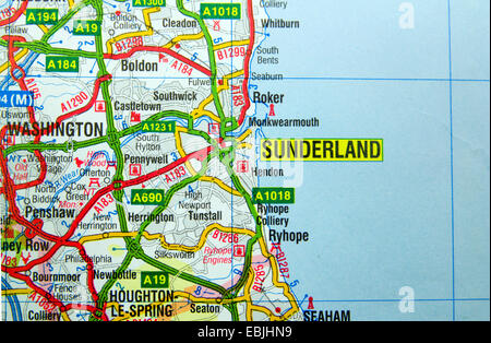 Road Map of Sunderland, North East Coast, England. Stock Photo