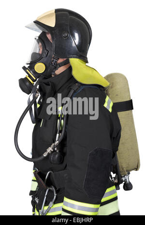 Firefighter in self contained breathing apparatus on a white background