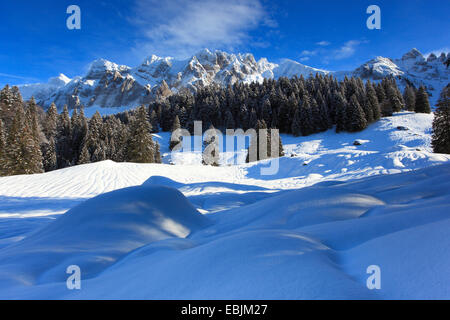 view over the snow-covered Alpstein massif, Switzerland, Appenzell Stock Photo