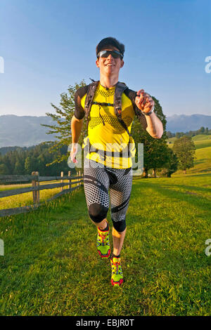 young man trail running in a meadow and forest landscape, Austria, Styria, Dachstein Stock Photo