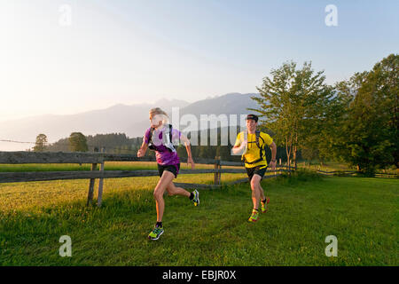 young couple trail running in a meadow and forest landscape, Austria, Styria, Dachstein Stock Photo