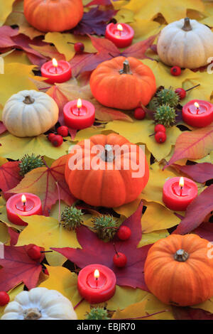 autumn decoration with pumpkins, autumn leaves and burning tea candles Stock Photo