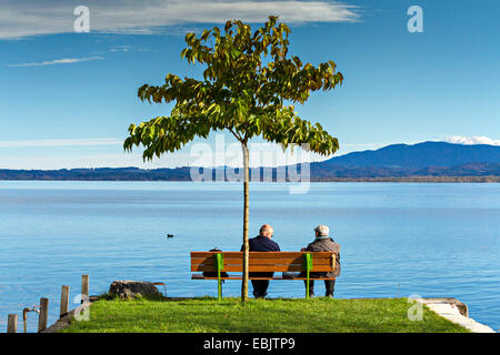 2 people sitting on park bench under a tree overlooking the Chiemsee lake, Fraueninsel, Chiemgau, Upper Bavaria, Germany. Stock Photo